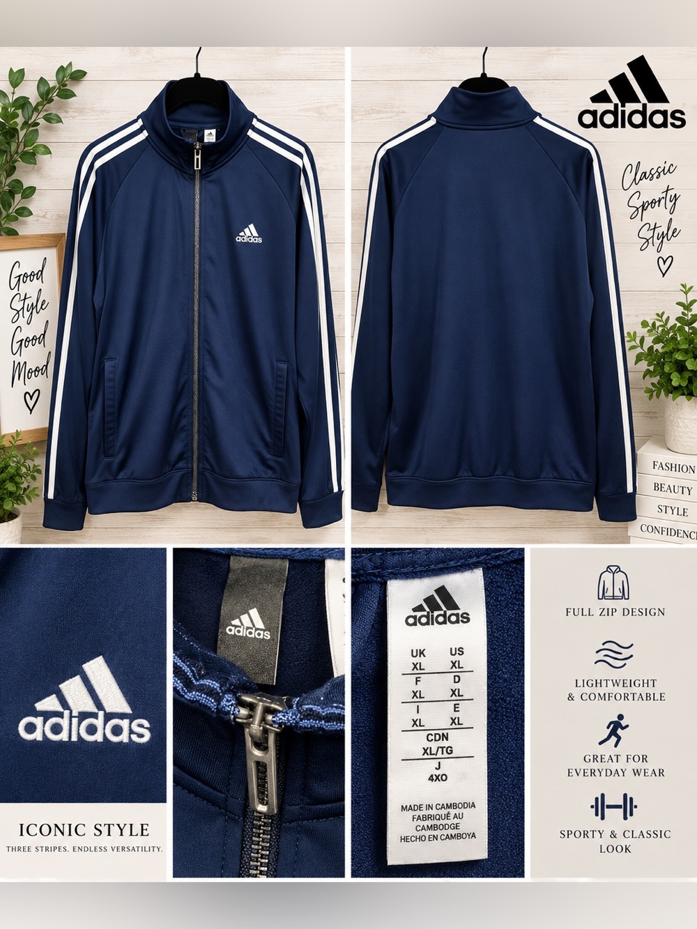 Preloved Adidas Navy Blue 3-Stripe Full Zip Track Jacket – XL